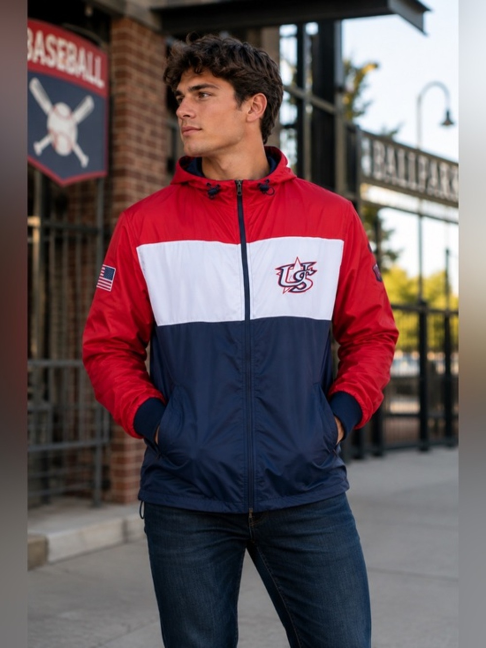 Baseballism For Glory USA Baseball Windbreaker Jacket Men’s L Red White Blue